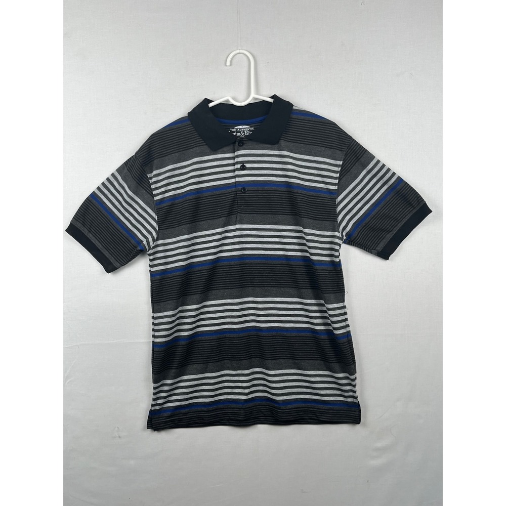 Denim & Rivets Polo Shirt Mens Medium Striped Short Sleeve Grey Black Blue M